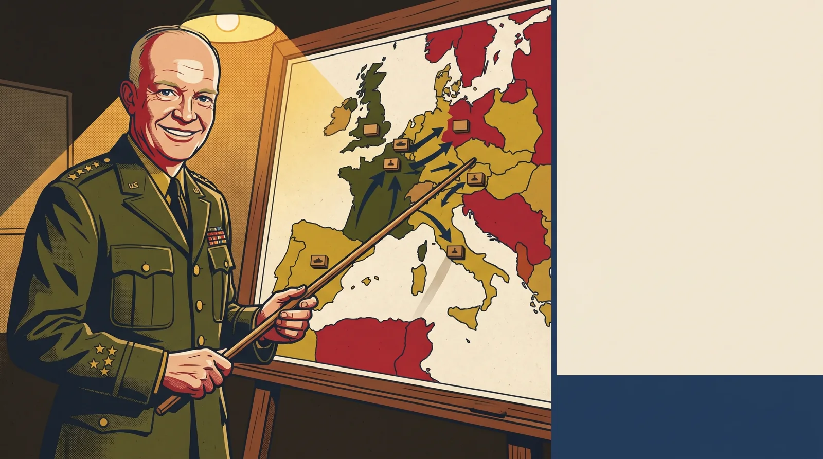 General Ike grinning beside a war-room map table, pointing at it with a stick.